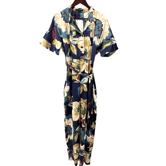 Zara Floral Silky Belted Short Sleeve Jumpsuit. Blue Green. Size L #969 NWT - Picture 5 of 7